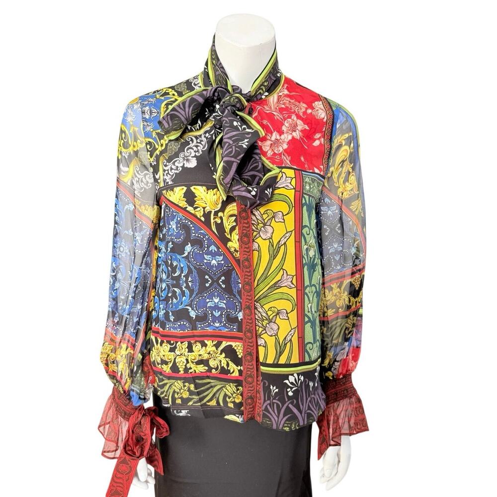 New alice + olivia Llyod Tie Neck Blouse Women's Small 100% Silk After Sunset